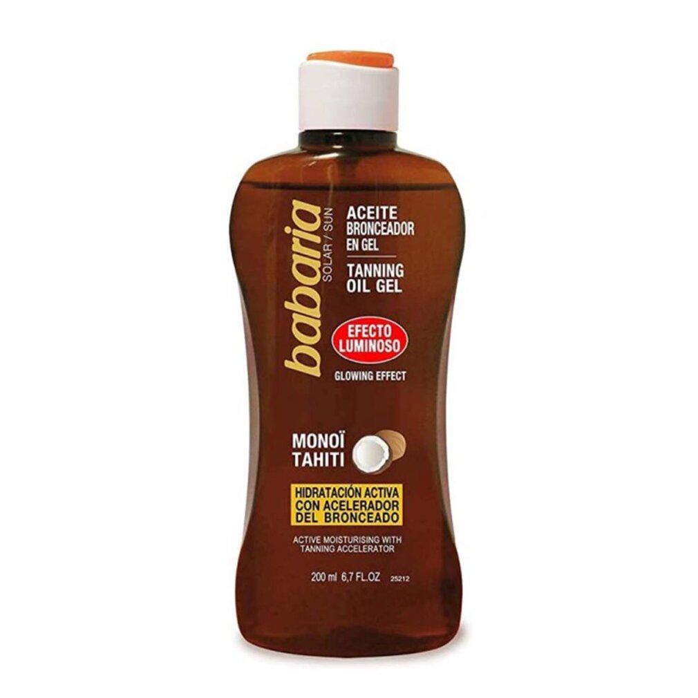 Babaria Tanning Oil Gel, bruine fles. Opschrift: Glow Effect, Monoi Tahiti, Aceite Bronceador en Gel. 200 ml.