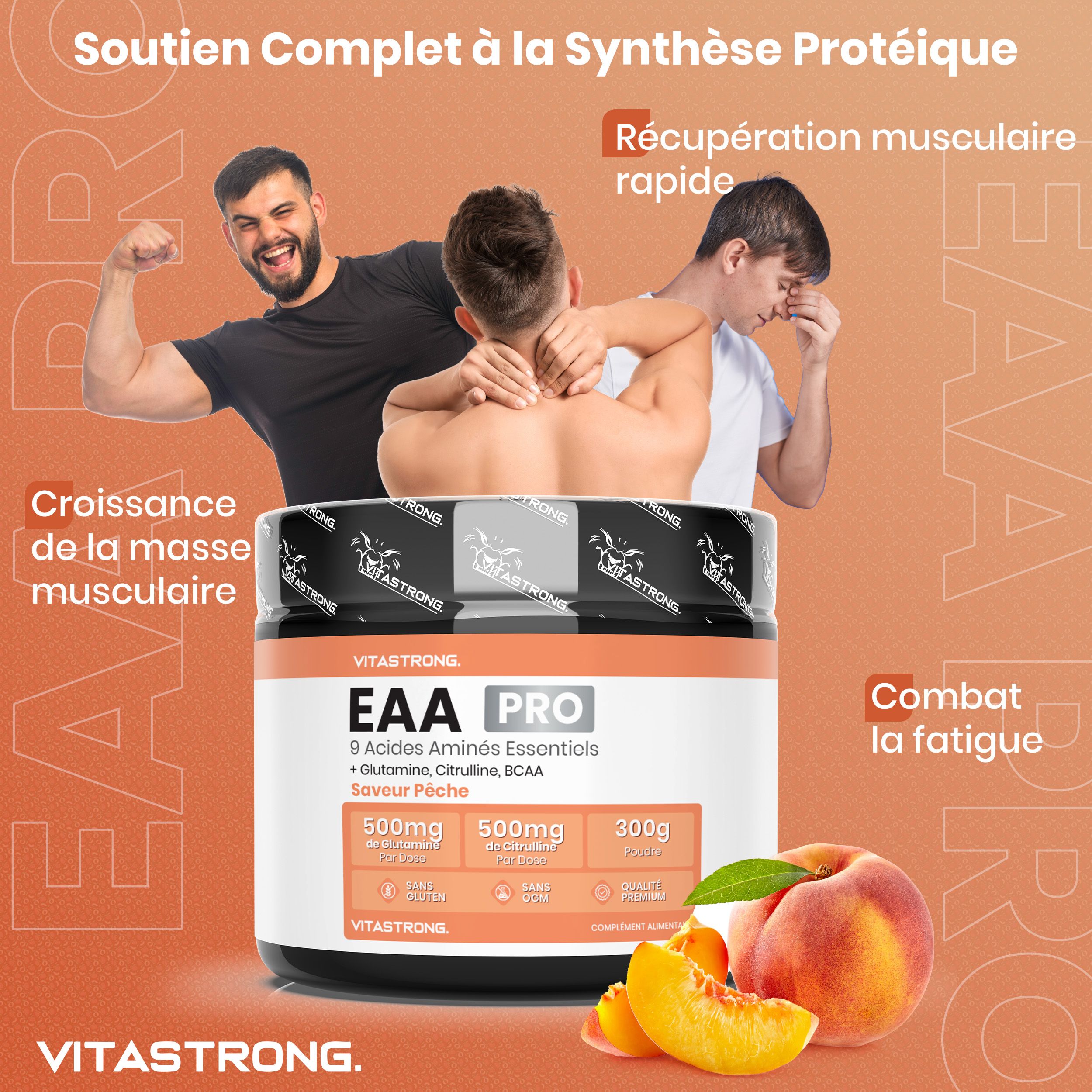 Pot Vitastrong EAA Pro, perziksmaak. 300g. Vrouw eet perzik. Tekst: EAA PRO. 9 essentiële aminozuren. Perziken.