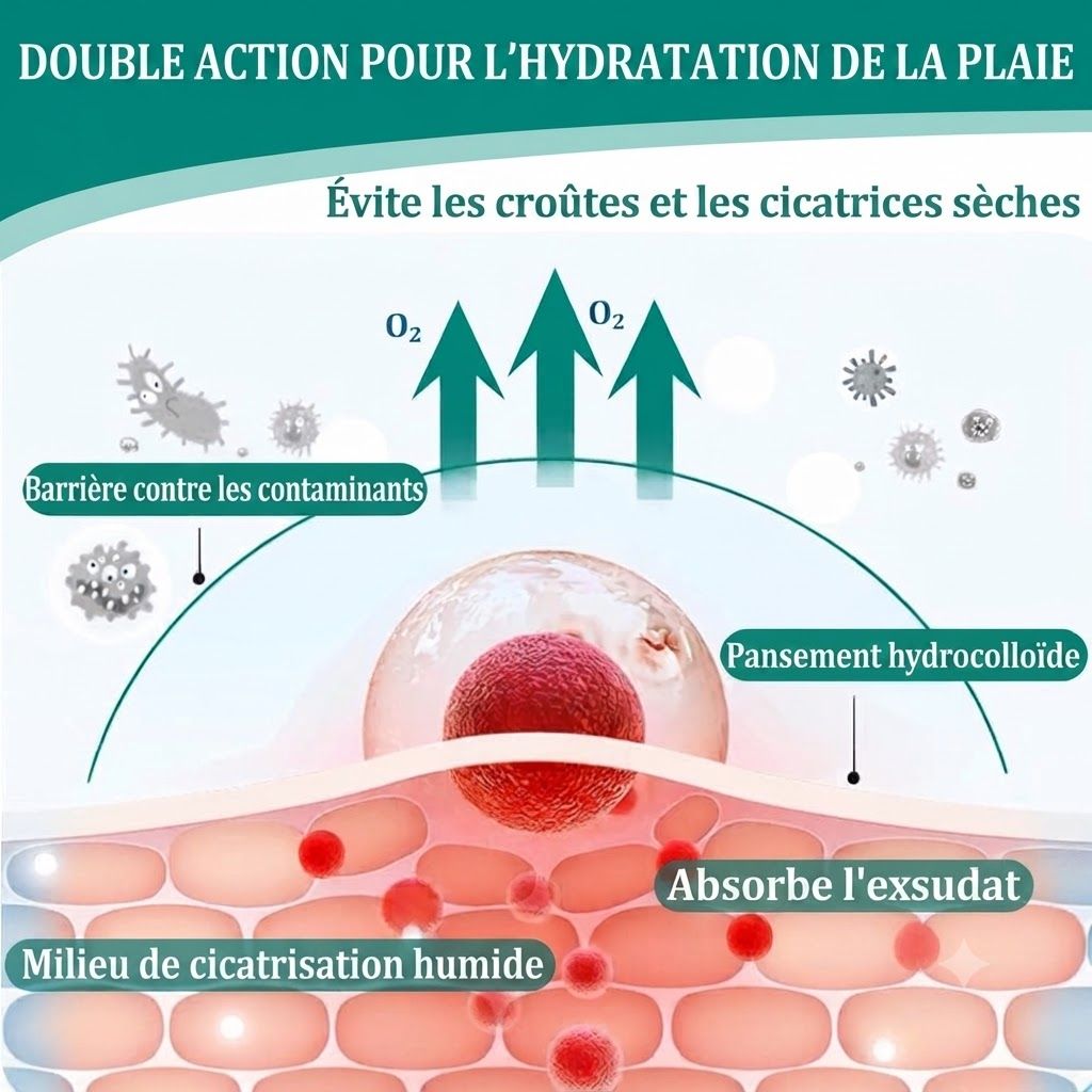 Schéma de cicatrisation : Pansement hydrocolloïde protège de la contamination, absorbe l'exsudat et favorise un milieu humide.