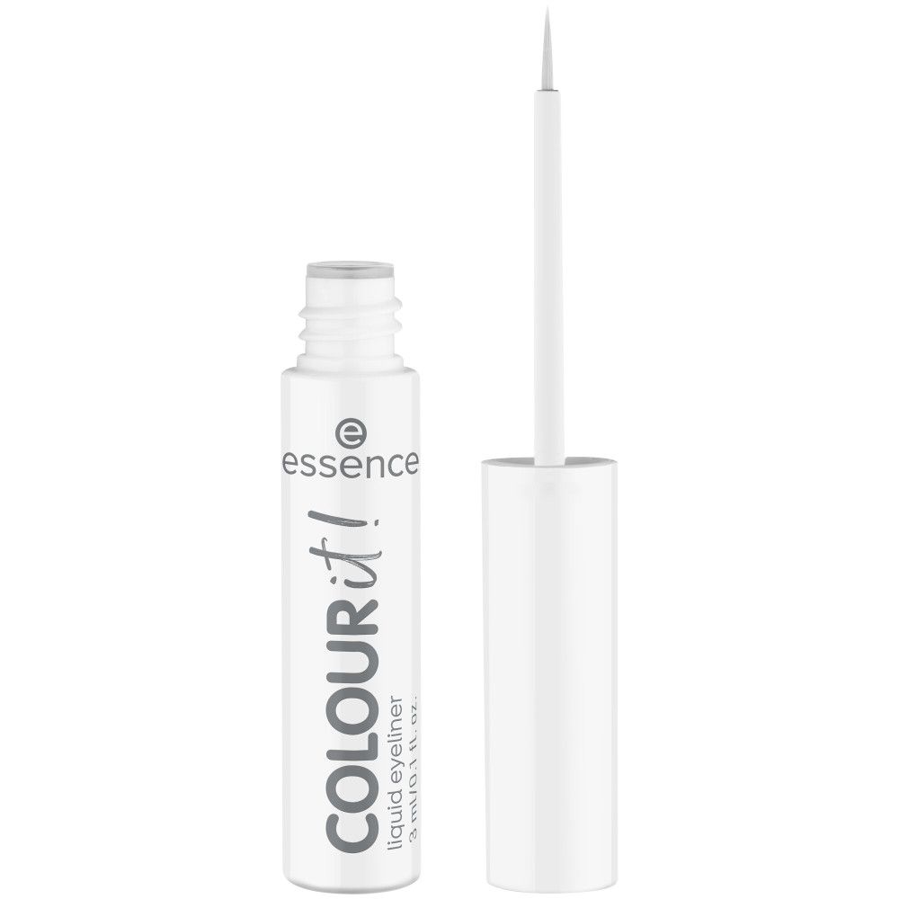 Eyeliner liquide blanc avec pinceau. Inscription: essence, Colour it! et Liquid Eyeliner.