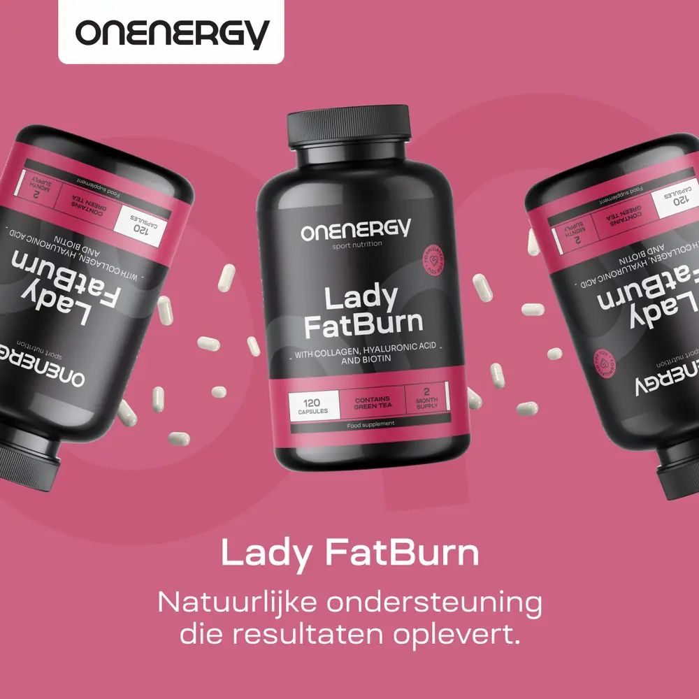Drie potten OnEnergy Lady FatBurn op roze achtergrond. "Natuurlijke ondersteuning die resultaten oplevert."