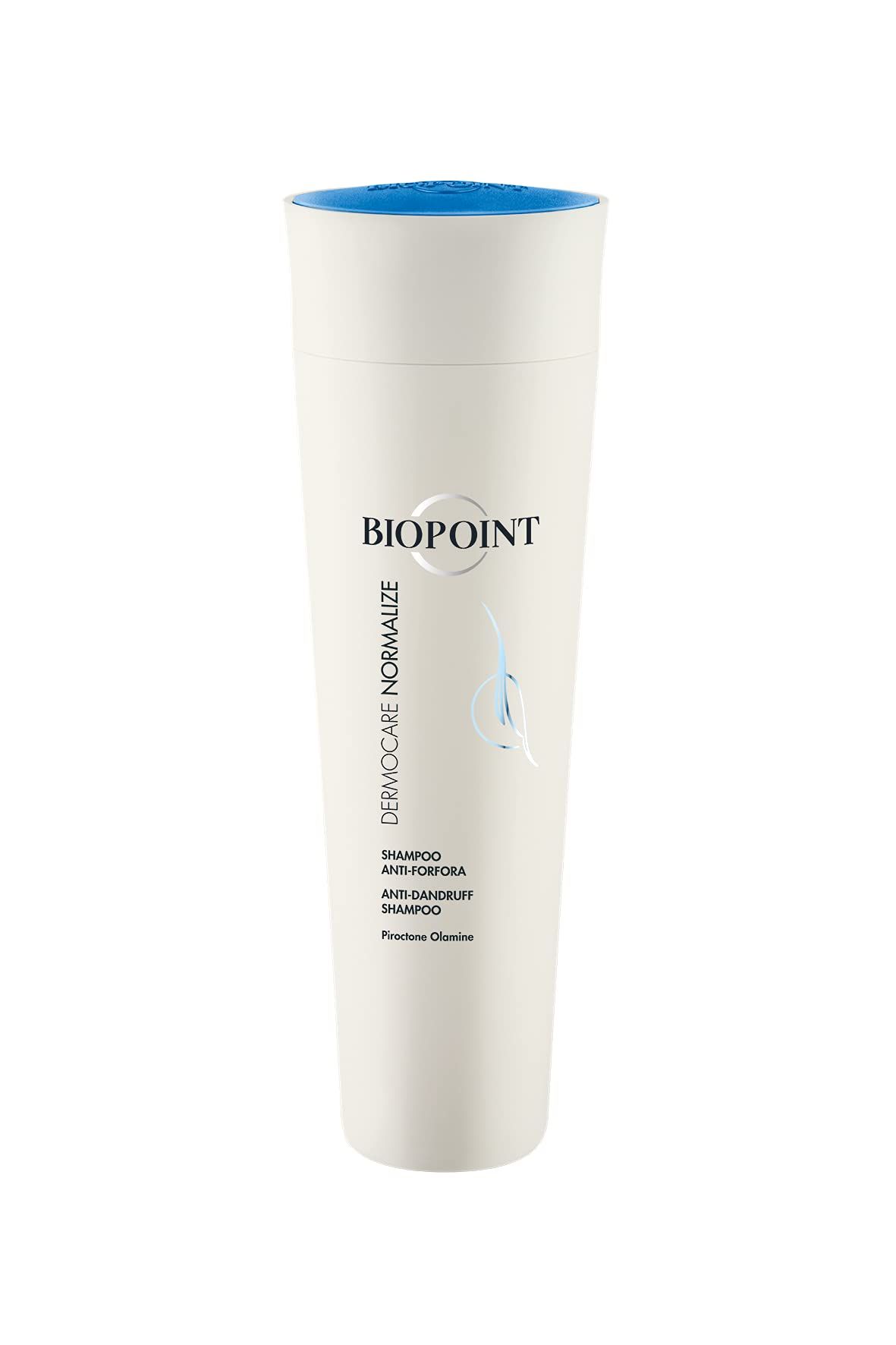 Flacon de shampooing blanc avec bouchon bleu. Inscriptions : Biopoint, Dermocare Normalize, shampooing antipelliculaire. Nom et ingrédients.