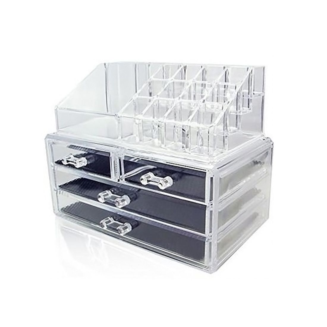 Transparante make-up organizer met 4 lades en 13 vakken. Heldere kunststof constructie met handgrepen.