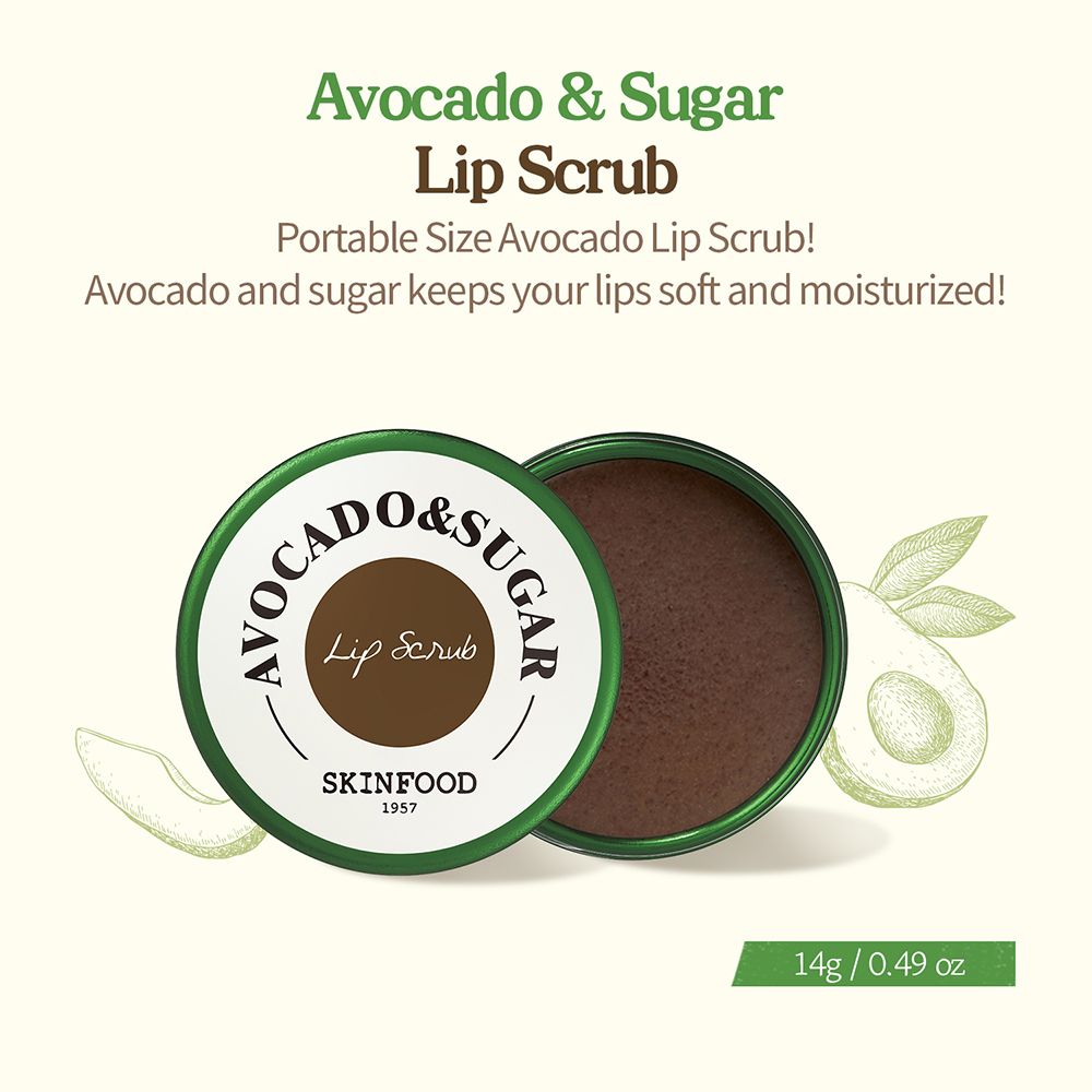Product met open deksel, illustraties van avocado en bladeren. Opschrift: Avocado & Sugar Lip Scrub, SKINFOOD.