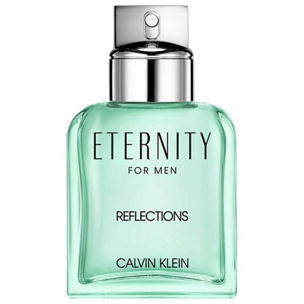 Lichtgroene fles met zilveren dop. Opschrift: Eternity for Men Reflections, Calvin Klein.