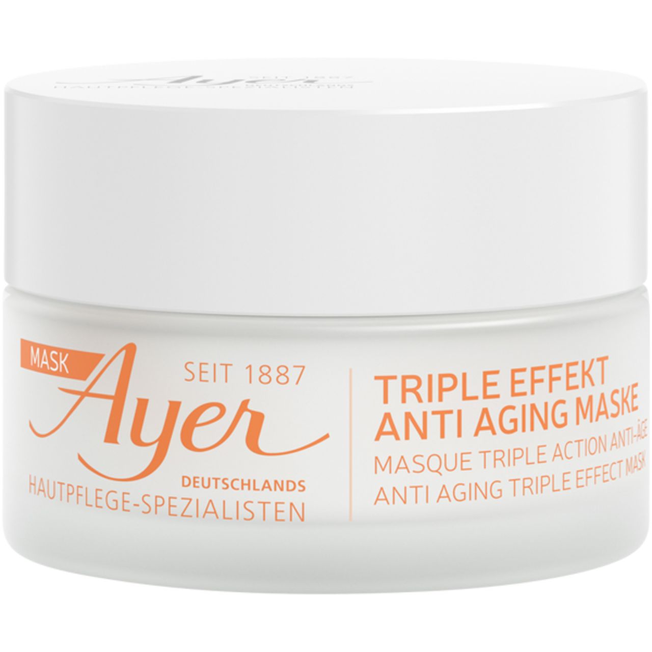Witte pot met opschrift: Ayer, Triple Effect Anti Aging Maske. Huidverzorgingsspecialisten.
