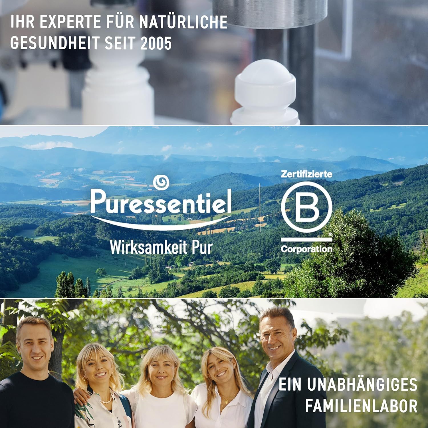 Logo: Puressentiel. Texte: Votre expert en santé naturelle depuis 2005. Logo: B Corp. Laboratoire familial.