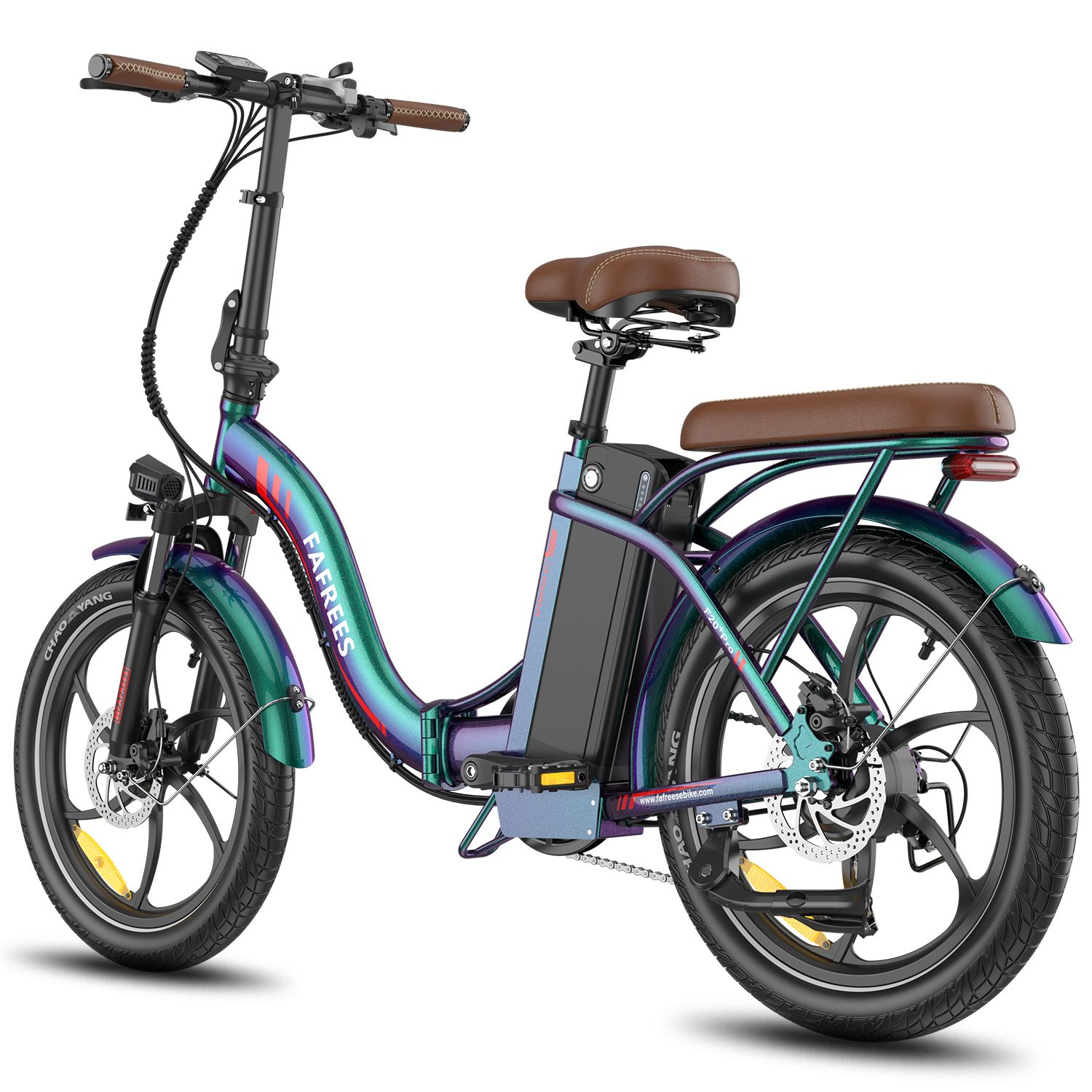 Opvouwbare e-bike, blauw-groen, bruin zadel en bagagedrager. Zwarte banden, velgen en accu. Merk FAFREES.