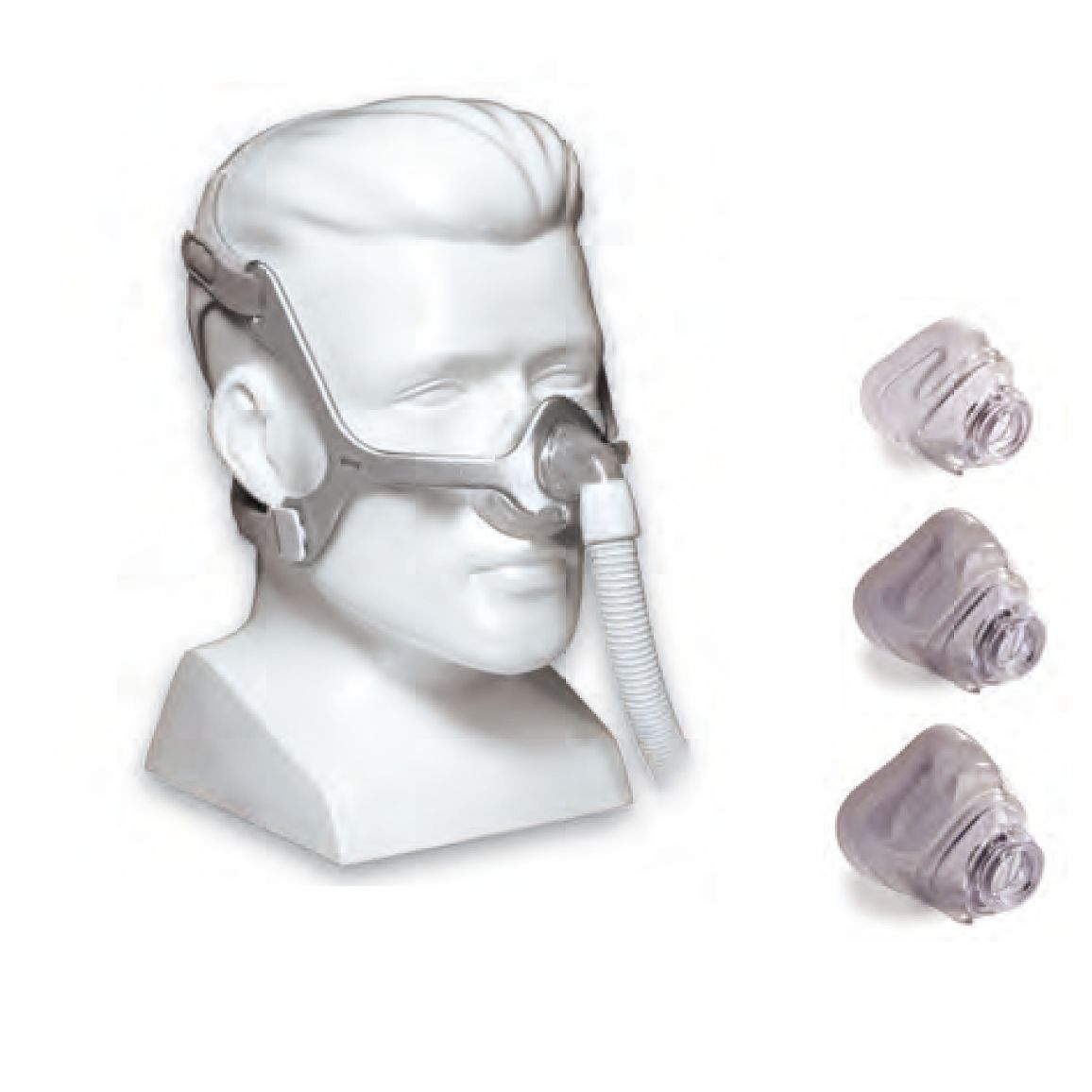 Masque nasal avec bandeau et raccord de tube sur un mannequin, trois coussinets supplémentaires.
