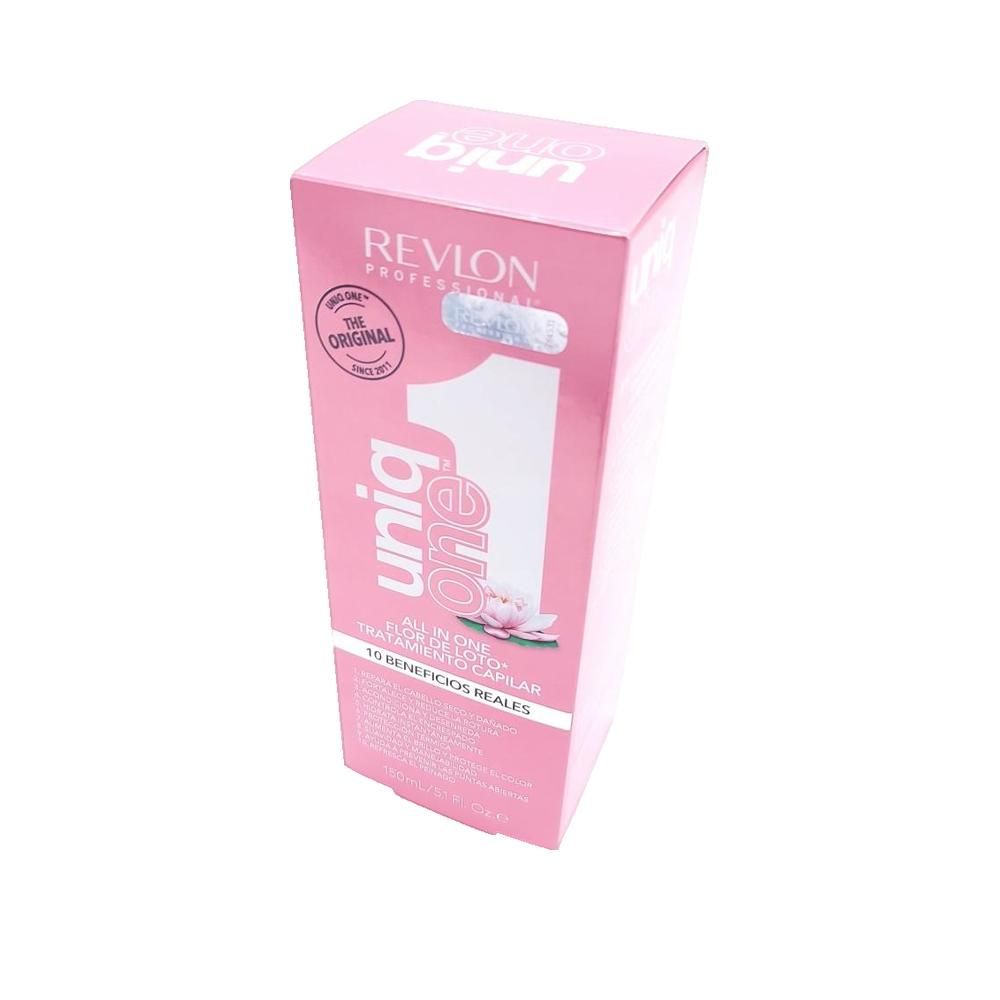 Emballage rose. Logo "1" blanc. Texte: Uniq One, All in One Lotus Flower Hair Treatment, 10 Real Benefits.