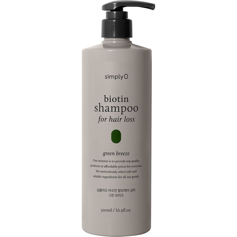 Grijze shampoo fles met zwarte pomp. Opschrift: Biotin Shampoo for hair loss, green breeze. 500ml.