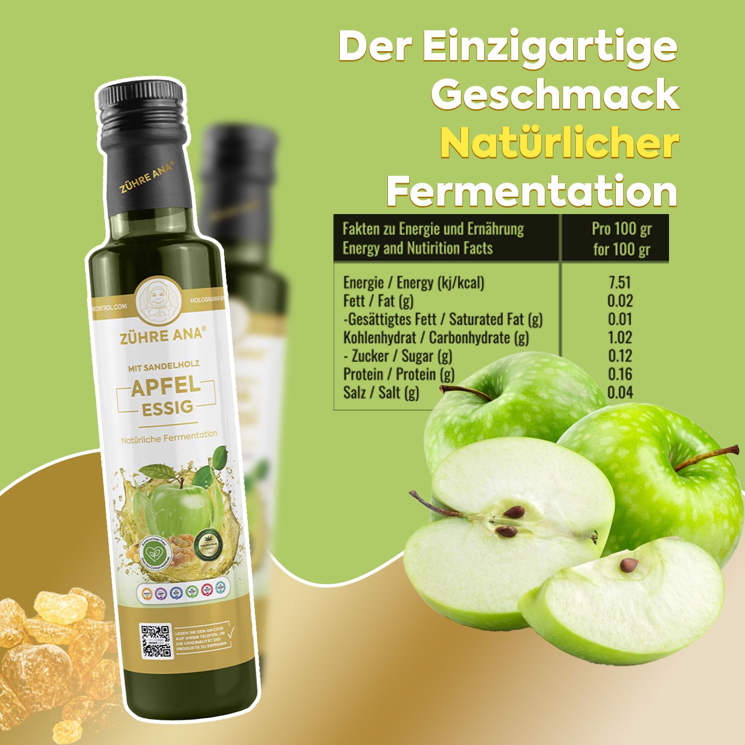Fles appelciderazijn met etiket, ernaast groene appels en voedingswaardegegevens.