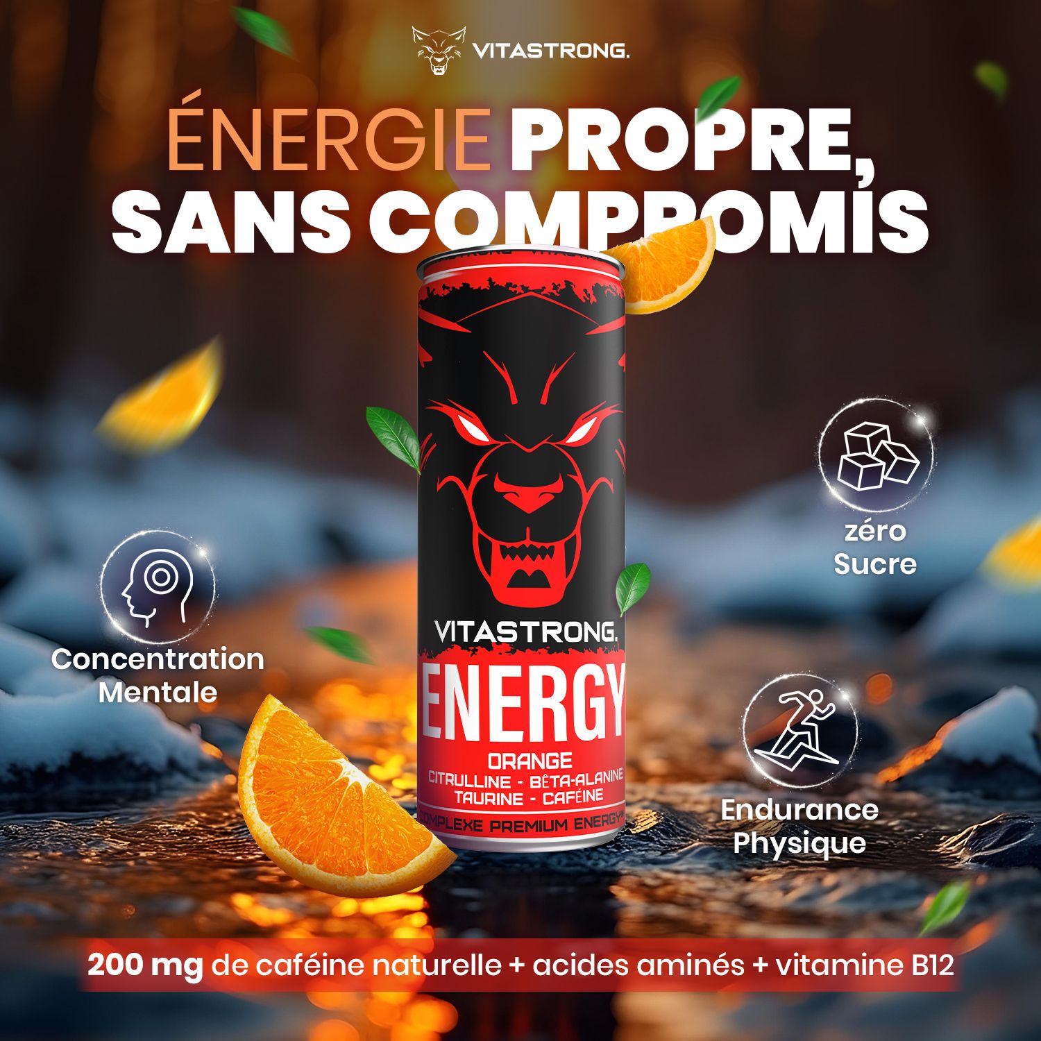 Vitastrong Energy Orange blikje. Afbeelding met pictogrammen en tekst. Sinaasappelschijfjes en druppels.