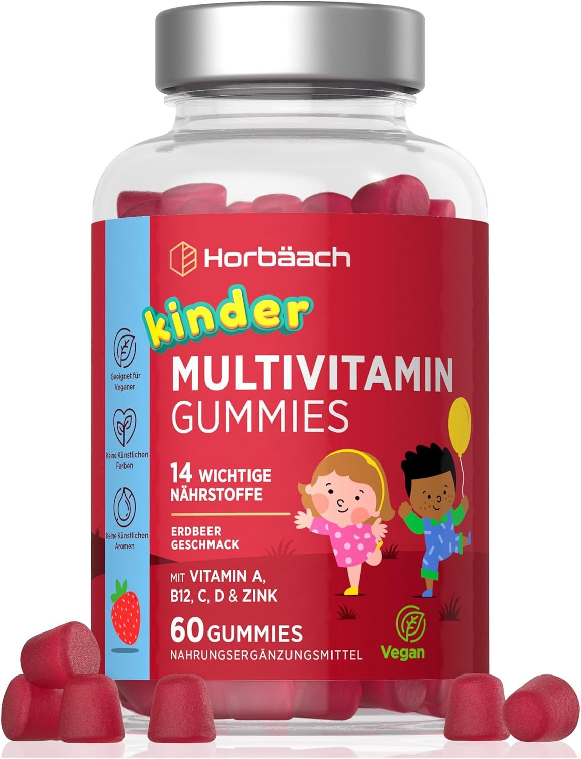 Flacon transparent de gommes rouges. Étiquette "Horbaach Kinder Multivitamin Gummies". Contient 60 gommes.