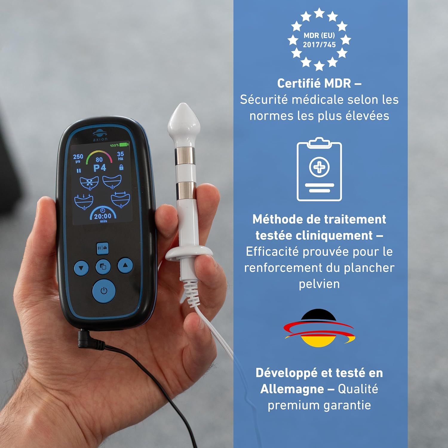Appareil axion® I-3000 et accessoires. Certification médicale. Texte sur la qualité.