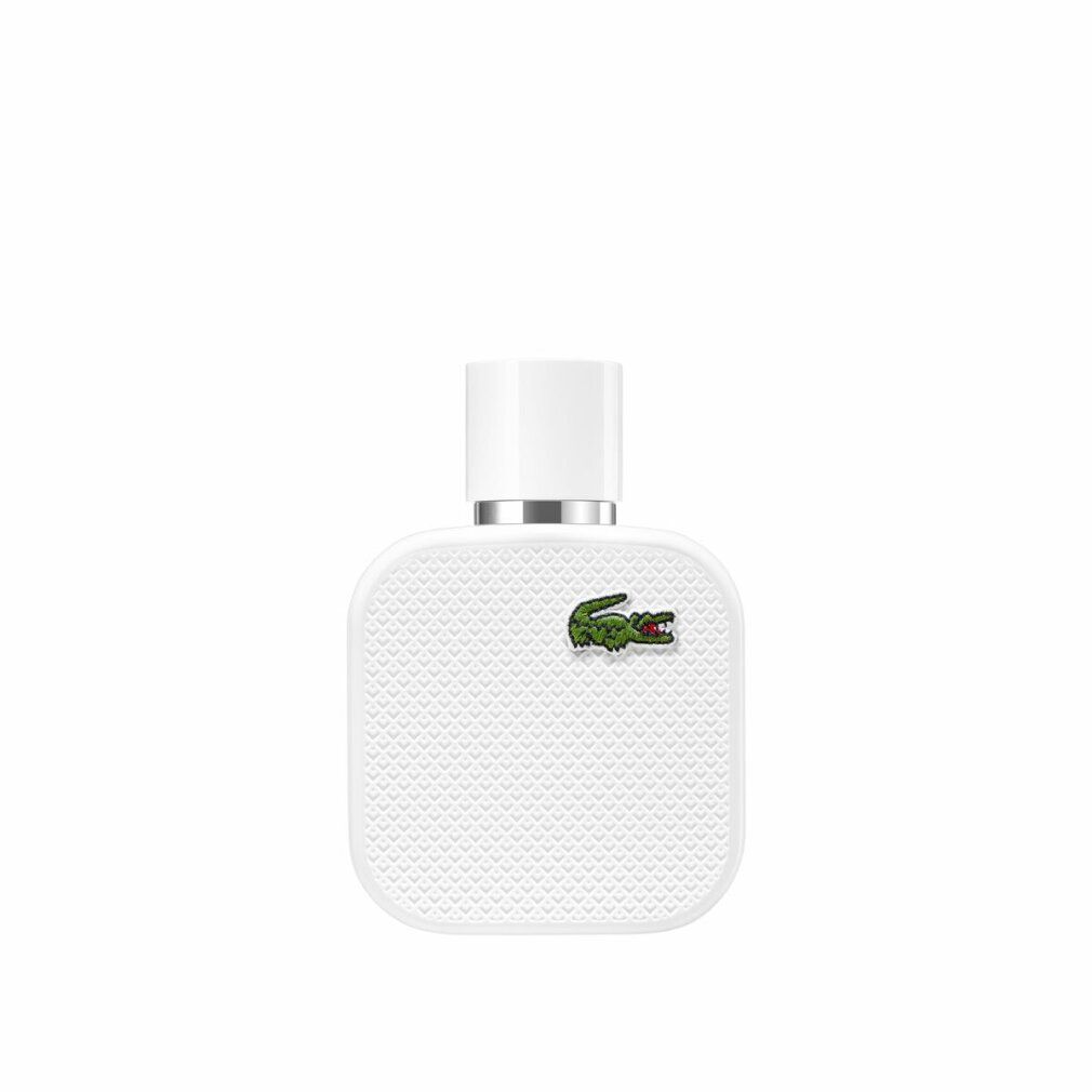 Flacon d'eau de toilette blanc avec logo crocodile vert. Bouchon blanc. Forme carrée.