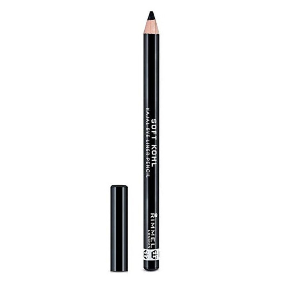 Zwart kajalpotlood met dop eraf. Opschrift: Soft Khol Kajal Eye Liner Pencil. Merk: Rimmel London.