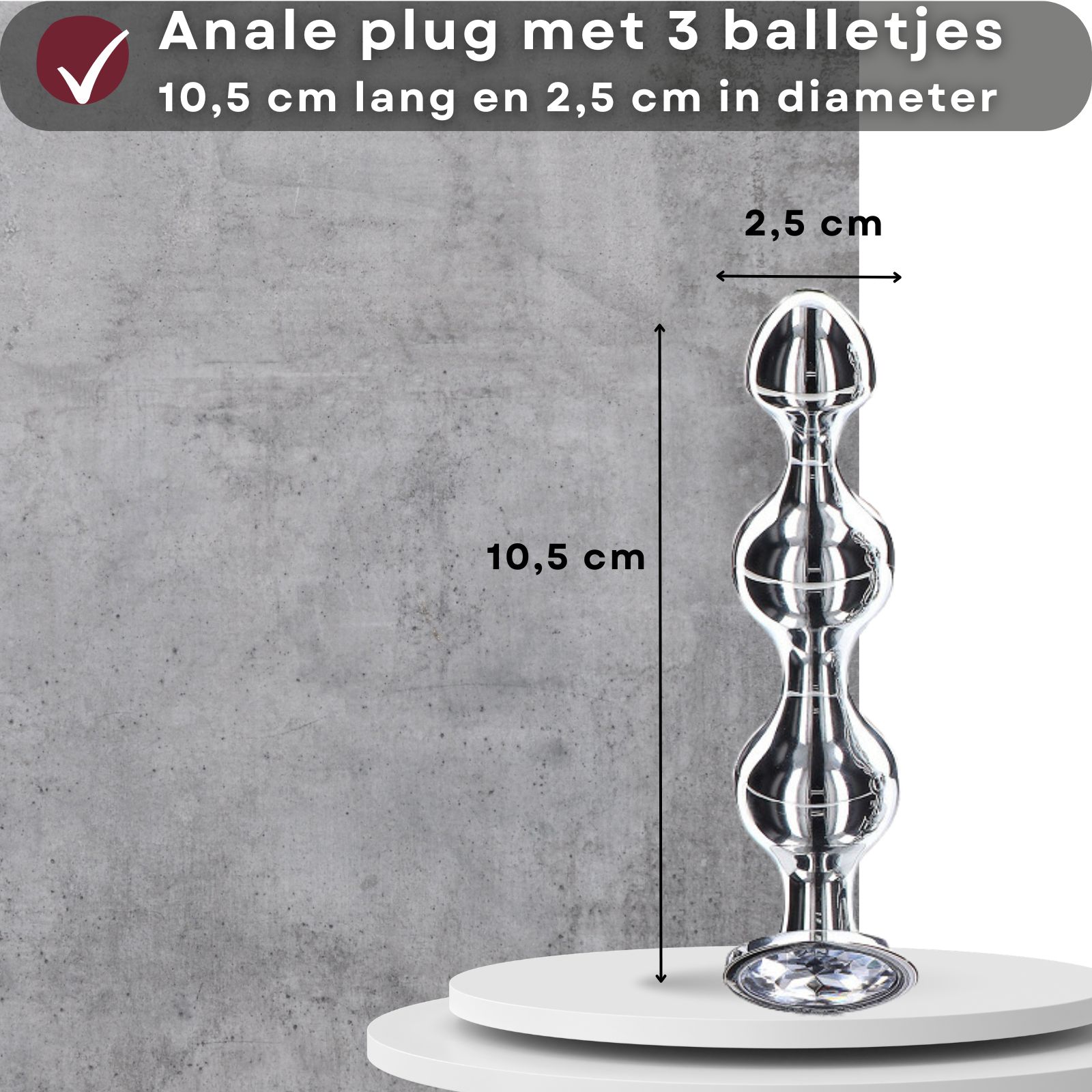Anale plug met 3 balletjes. Lengte 10,5 cm, diameter 2,5 cm. Conische vorm.