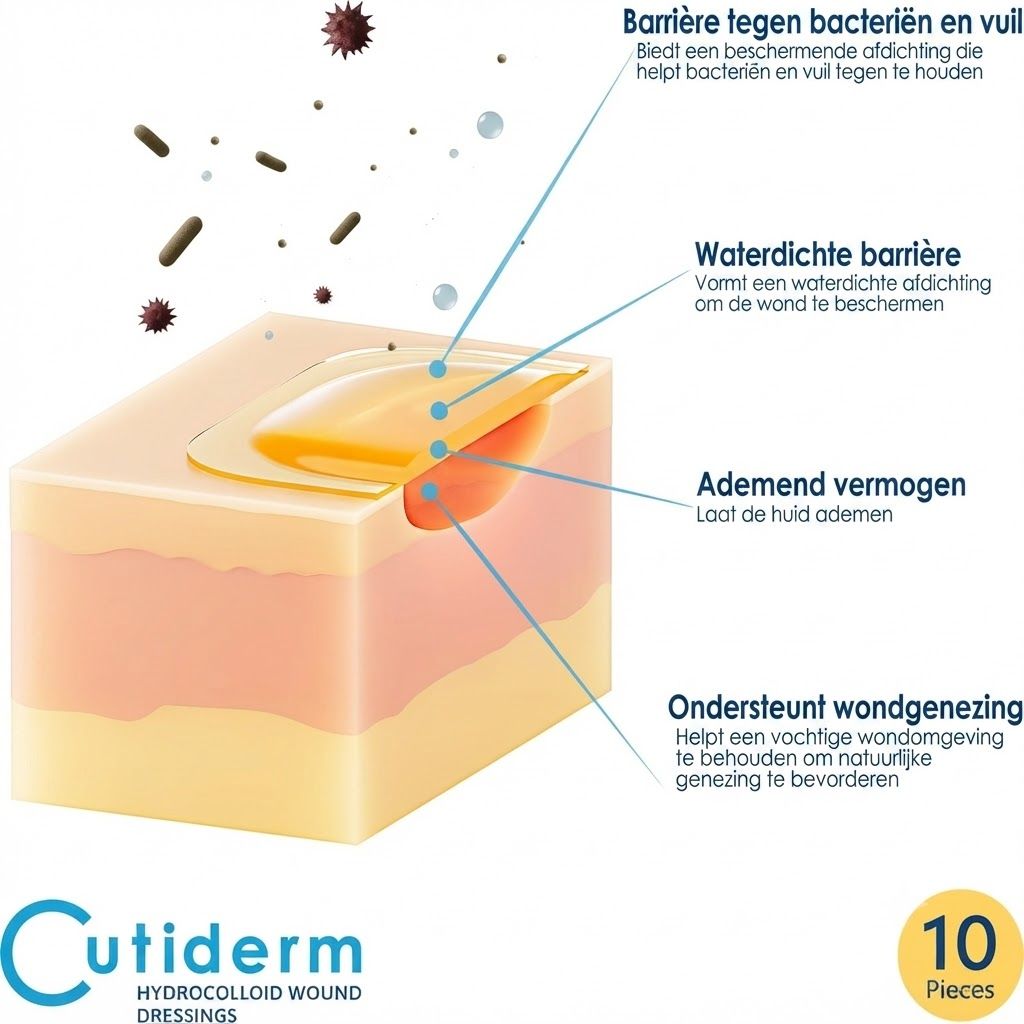 Dwarsdoorsnede van een wond met hydrocolloïd verband dat beschermt tegen bacteriën en wondgenezing bevordert.