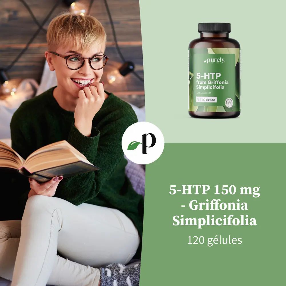 Femme lisant un livre. À côté, flacon de 5-HTP de Griffonia Simplicifolia. Texte : 5-HTP 150 mg. 120 gélules.