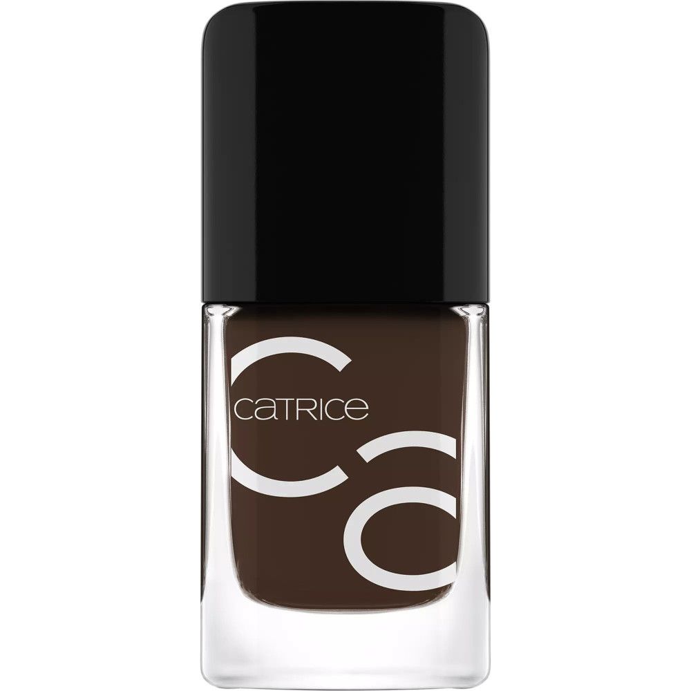 Flacon de vernis à ongles avec bouchon noir. 'Catrice' est visible sur le flacon.