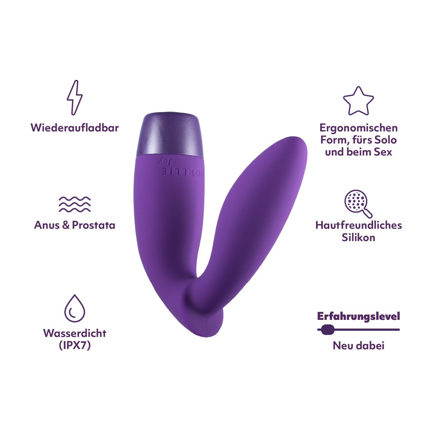 Produit violet avec infographie. Rechargeable, étanche, forme ergonomique, pour solo et sexe.