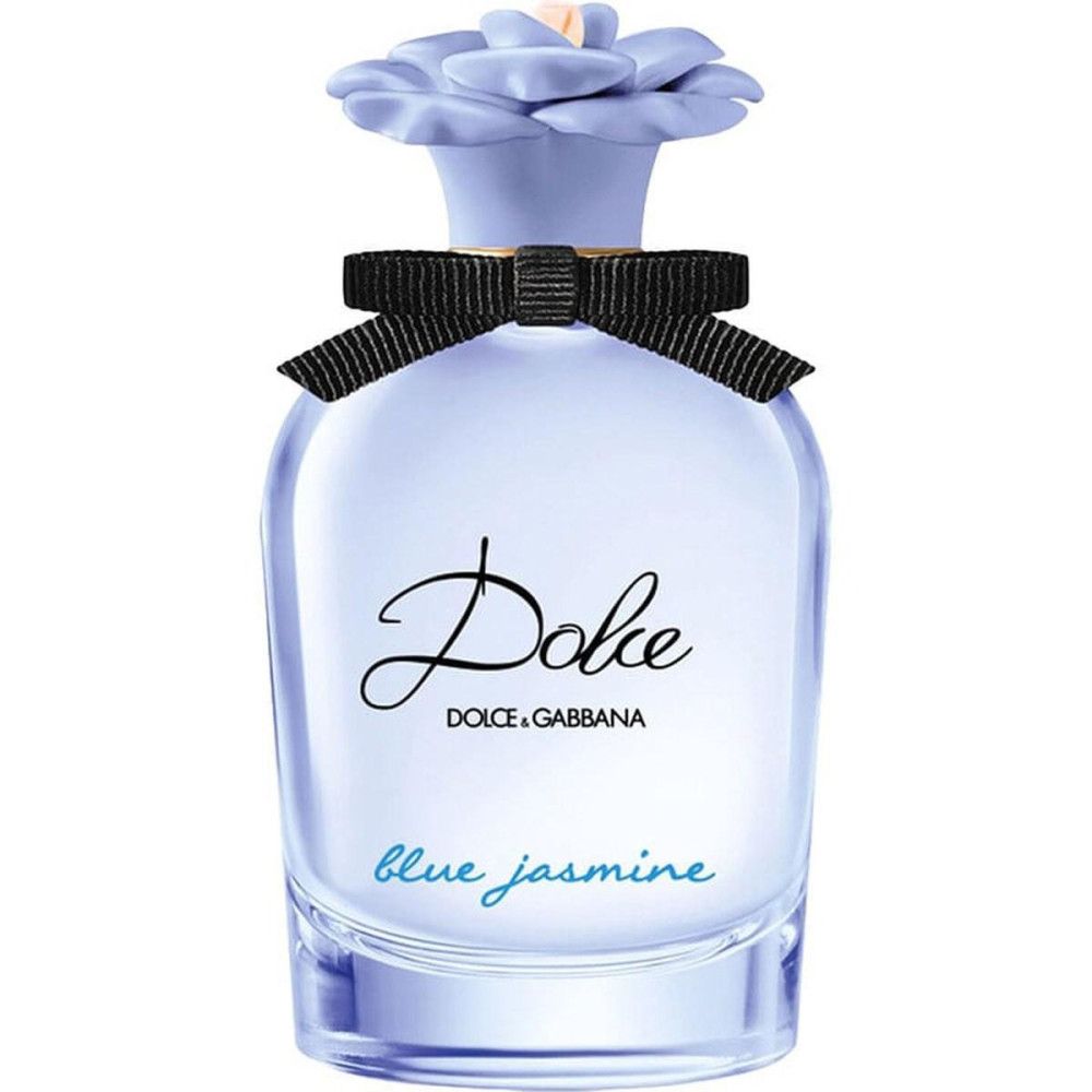 Flacon de parfum bleu clair avec nœud noir et fleur bleu clair. Inscription Dolce et Blue Jasmine.