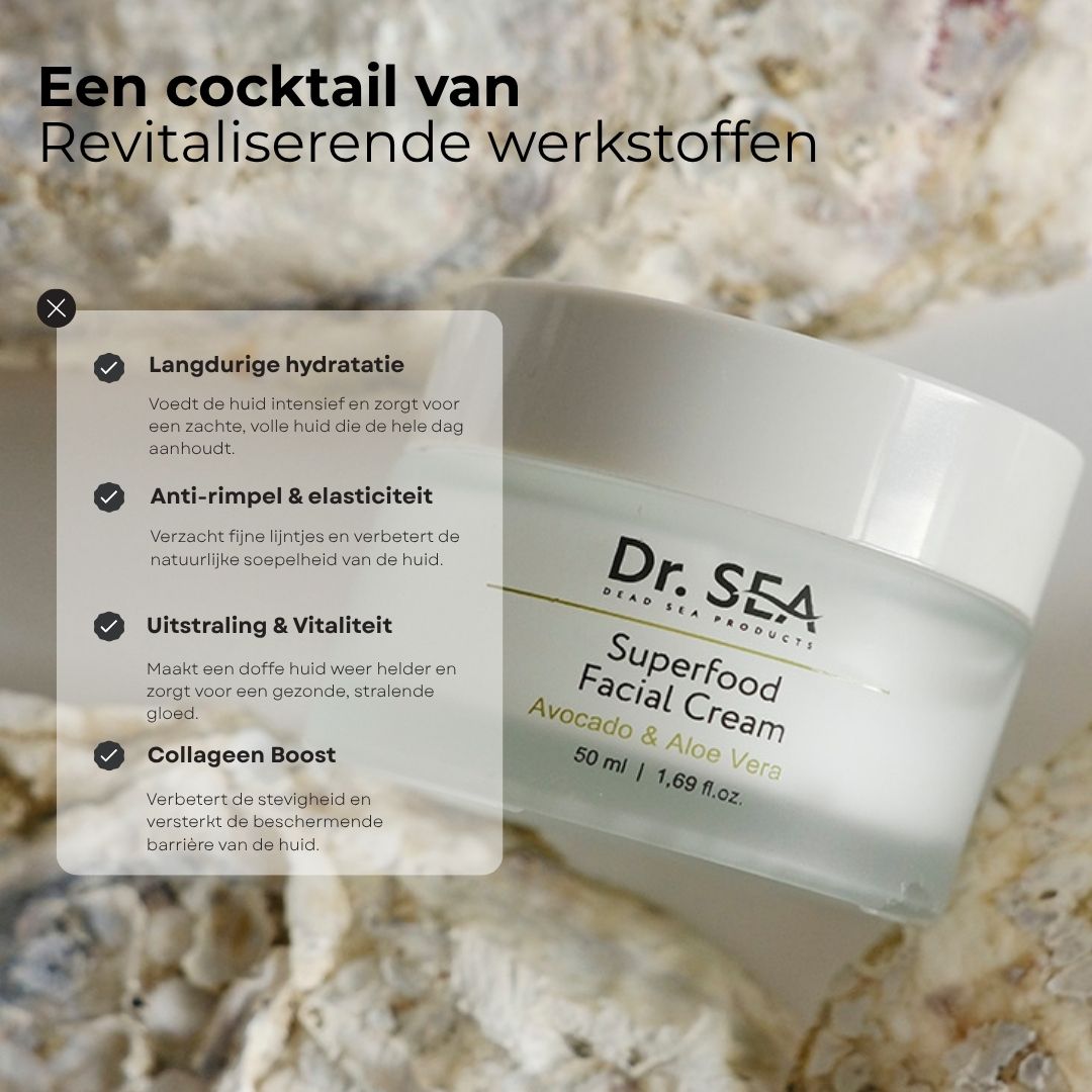 Crèmepot met tekst. Tekst: Langdurige hydratatie, Anti-rimpel & elasticiteit, Uitstraling & Vitaliteit, Collageen Boost.