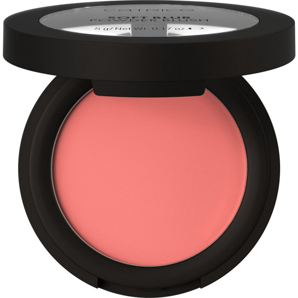 Boîtier rond noir ouvert avec fard à joues rose. Inscription: Catrice Soft Blur Powder Blush.