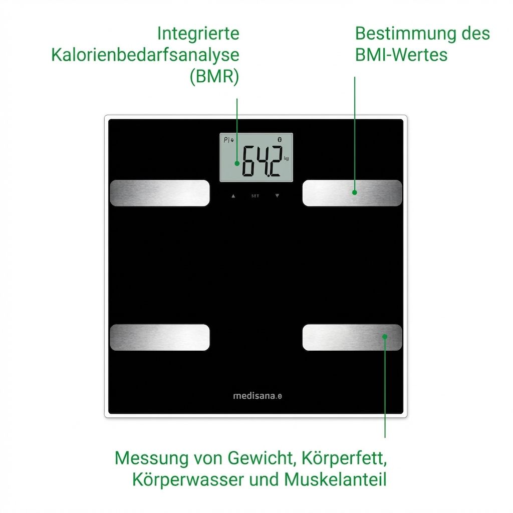 Balance d'analyse corporelle noire avec étiquettes pour BMR, IMC et composition corporelle.