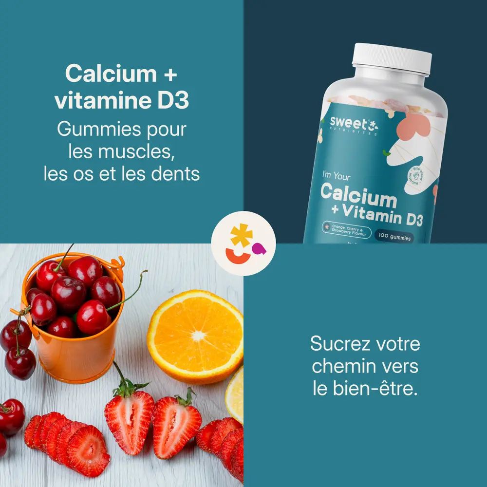 Flacon Sweet Nutribites Calcium + vitamine D3. Inscription : Calcium + vitamine D3, gommes pour muscles, os et dents. Qualité premium.