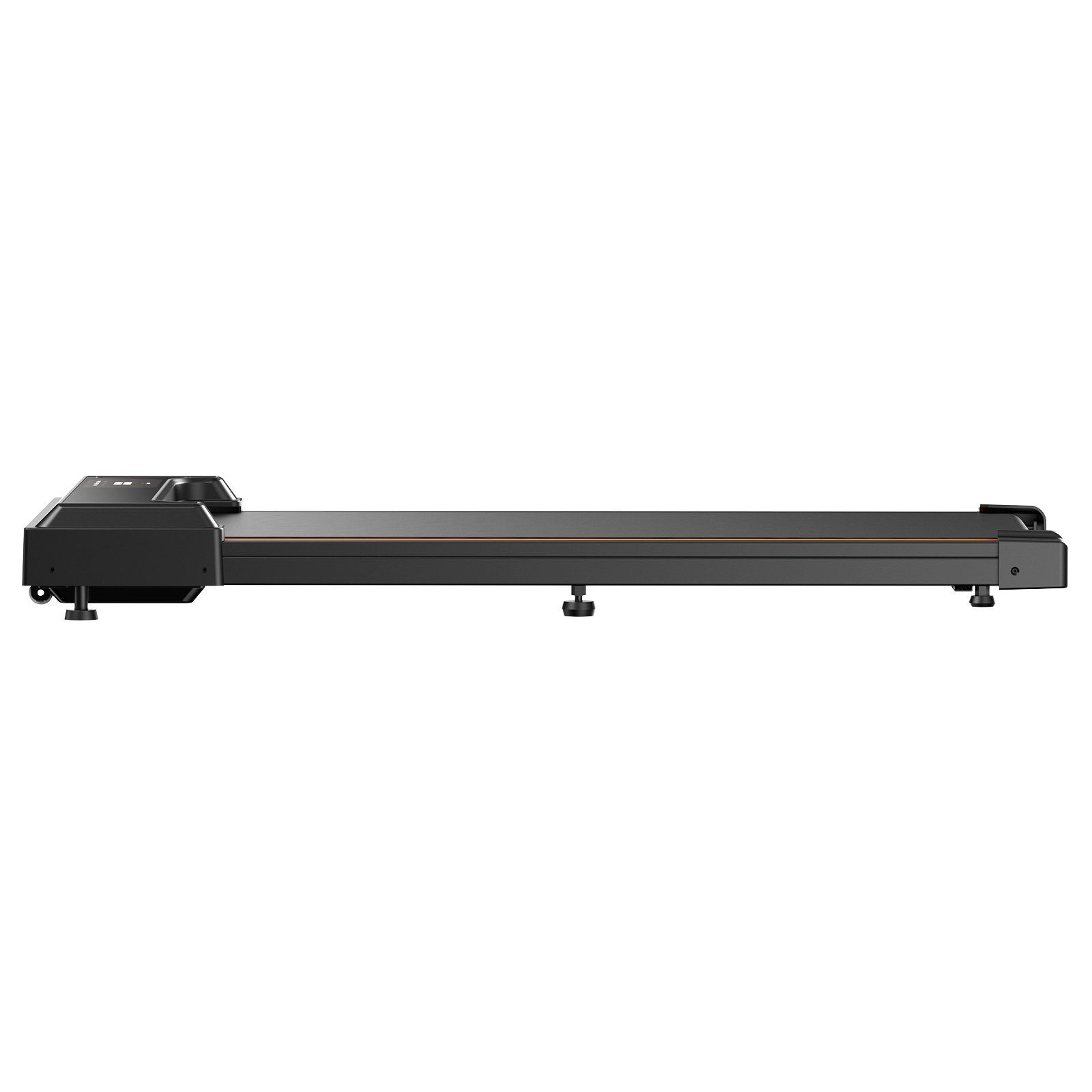 Zijaanzicht van een plat, zwart loopband met console met LED-display.