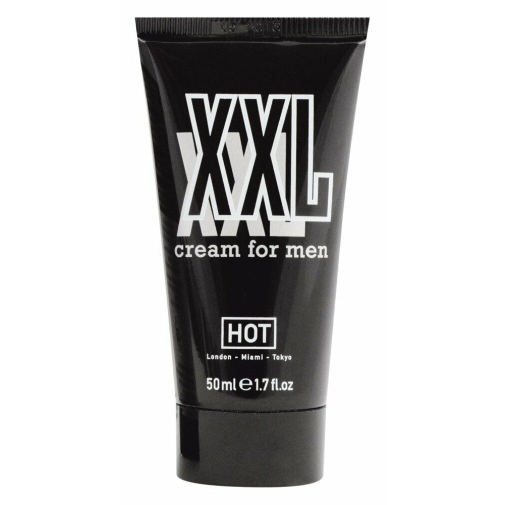 Zwarte tube met wit "XXL cream for men" logo. "HOT" logo en volume-aanduiding.
