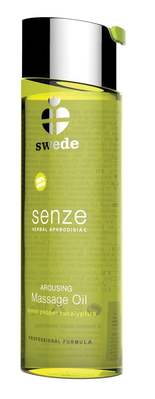 Bouteille d'huile de massage Swede Senze avec bouchon argenté et distributeur vert.