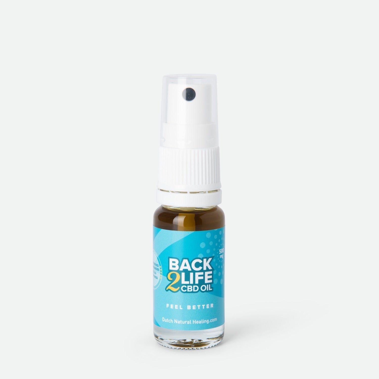 Transparante fles met witte spraykop. Blauw etiket met "BACK 2 LIFE CBD OIL" en "FEEL BETTER".