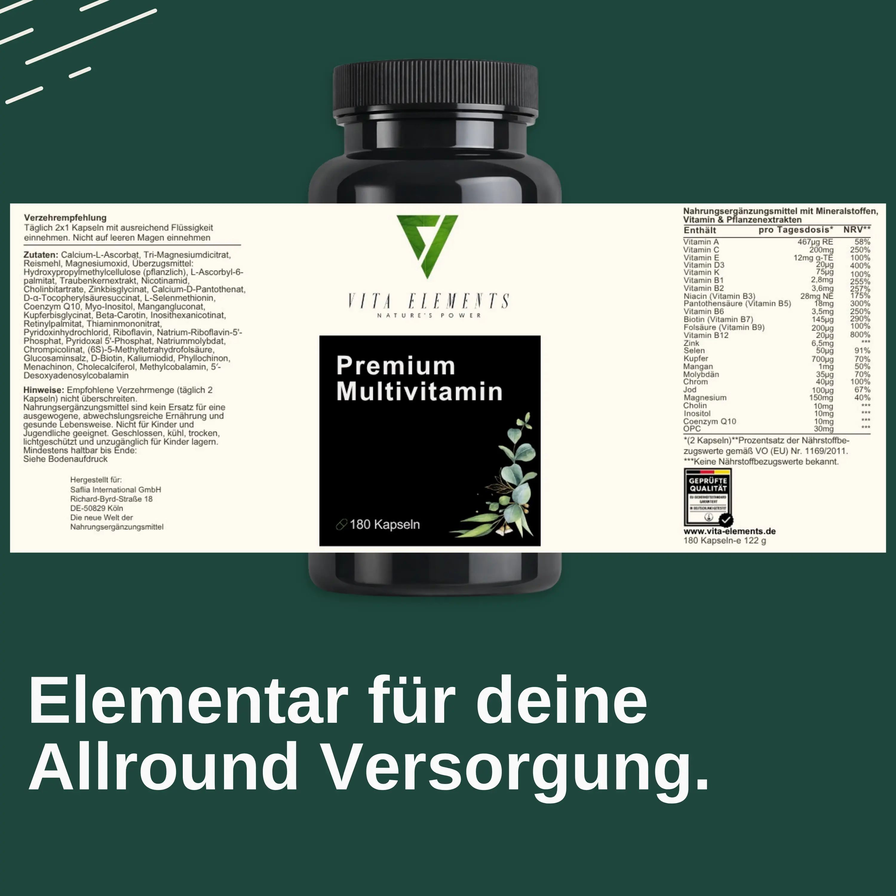 Achterkant van de Vita Elements Premium Multivitamin pot met voedingswaarde-informatie en zegel.