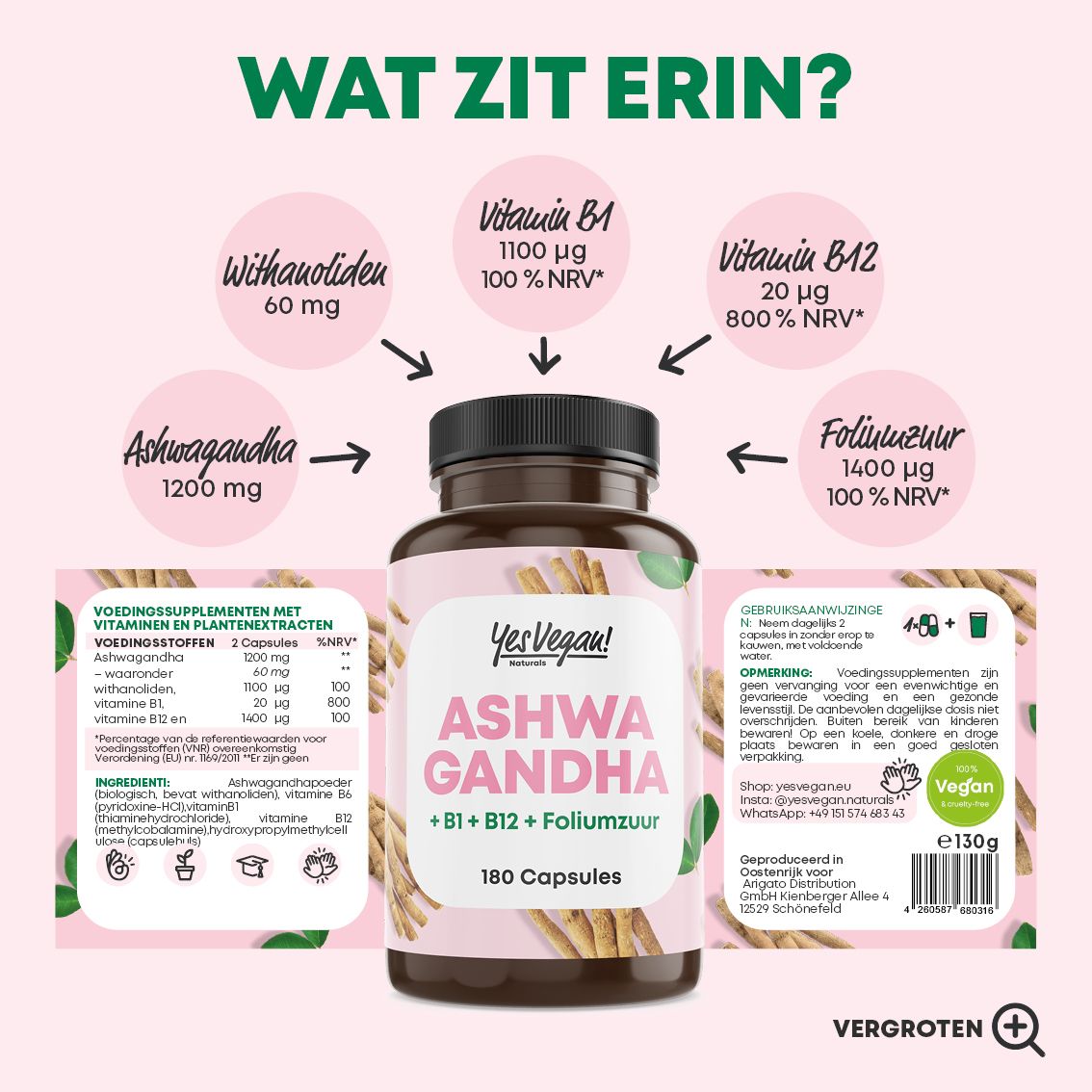 Fles Yes Vegan Ashwagandha met 180 capsules. Roze etiket, zegel '100% Vegan'.