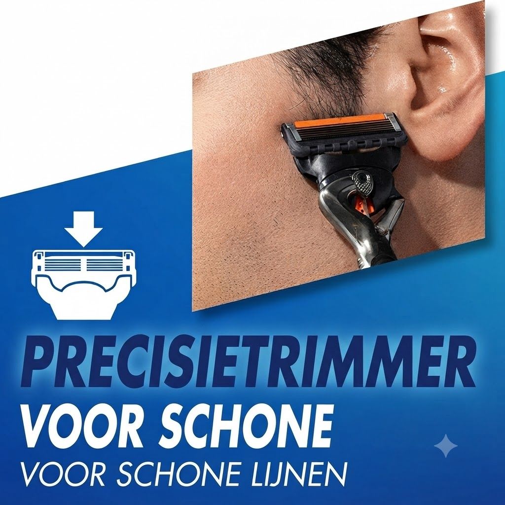 Een precisietrimmer met oranje mesjes wordt gebruikt op de kin van een man.