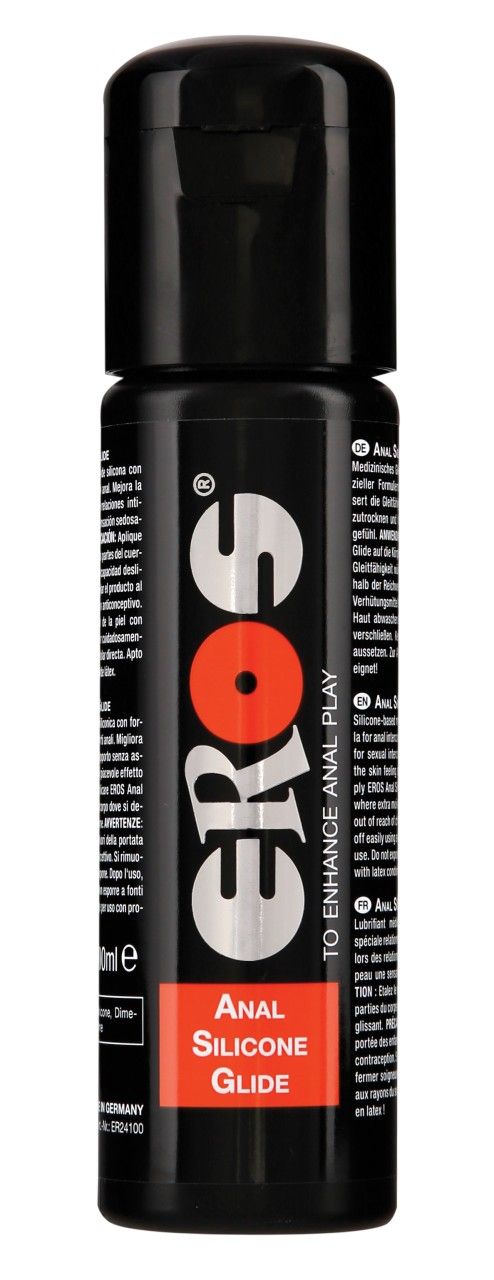 Flacon noir avec bouchon noir. Inscription: EROS, Anal Silicone Glide. Fond orange.