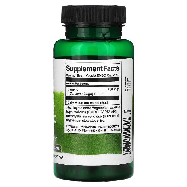 Dos du flacon vert. Contient informations nutritionnelles et liste des ingrédients. Texte: Turmeric 750 mg.
