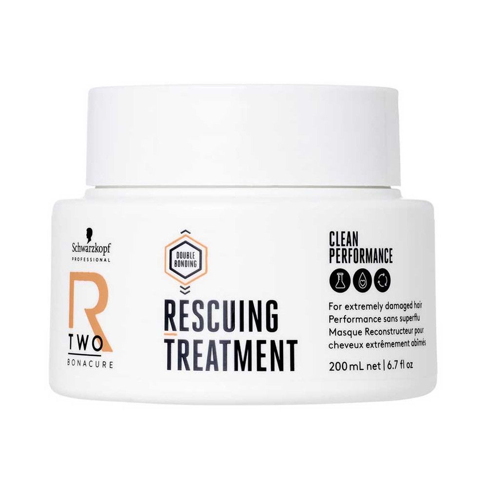 Pot blanc avec informations produit. Texte: R-TWO Rescuing Treatment, 200 ml, logo Schwarzkopf.