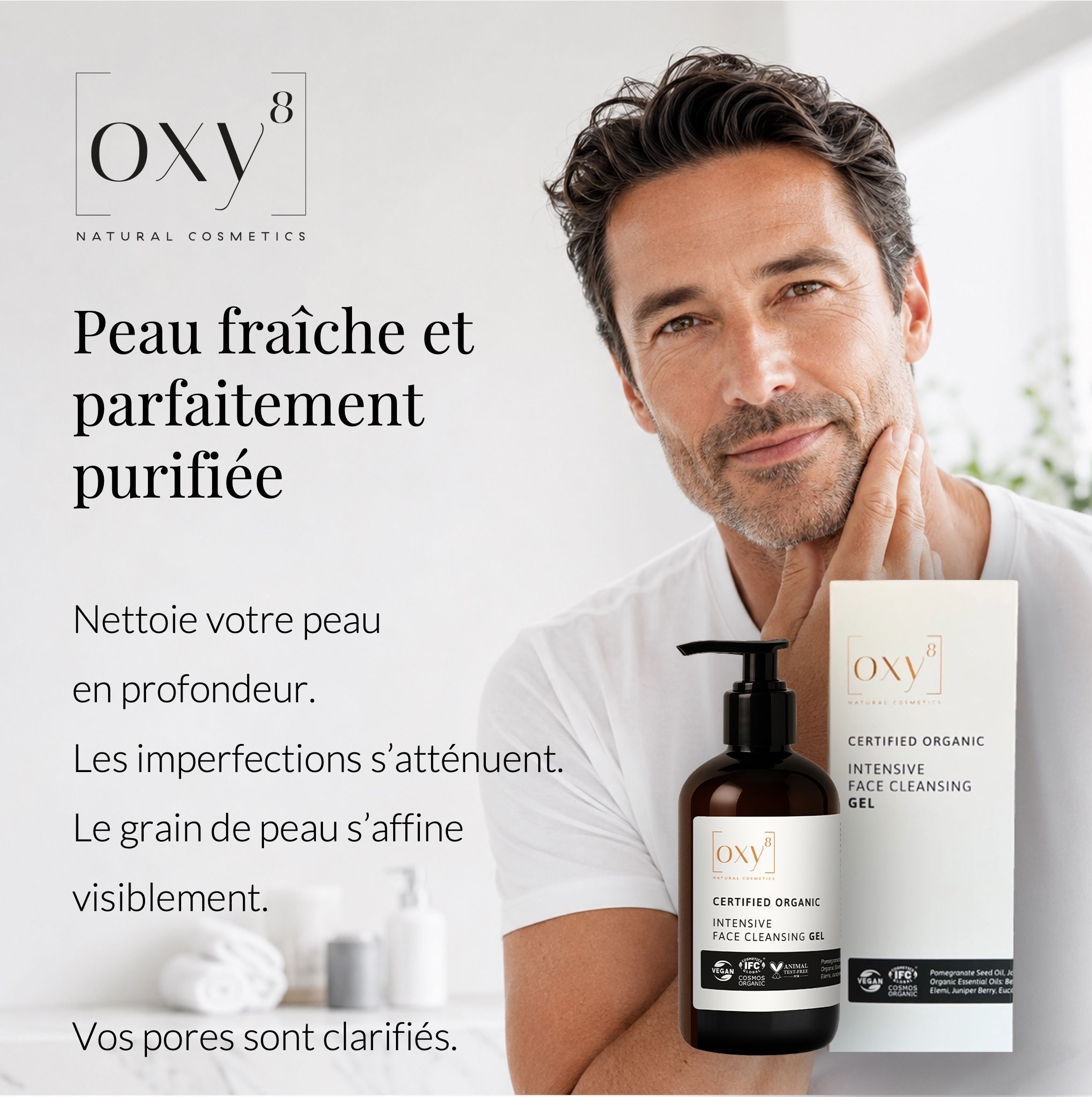 Homme avec gel nettoyant OXY8 : Nettoyage en profondeur pour des pores purs.