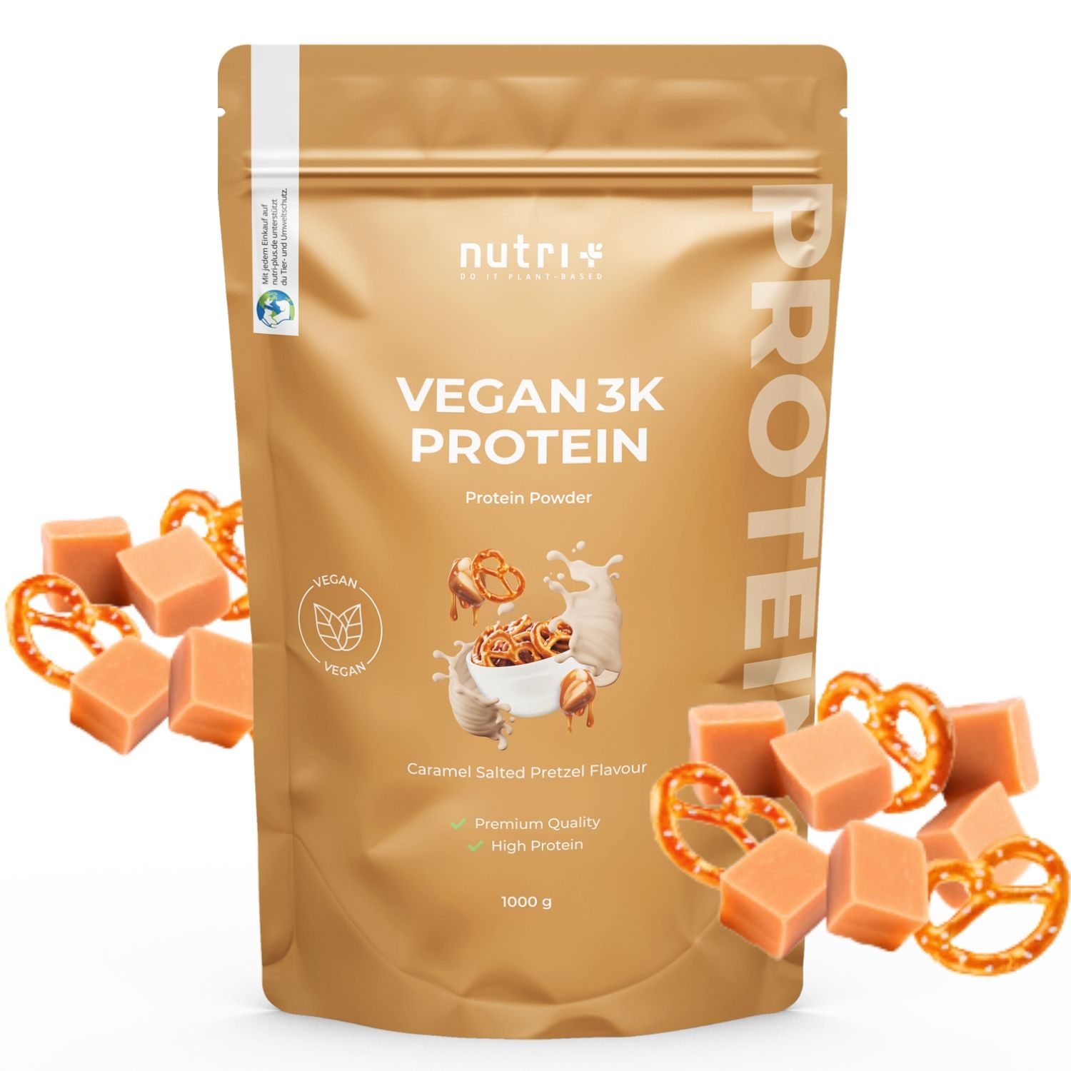 Pochette refermable dorée nutri+, 'VEGAN 3K PROTEIN', saveur Caramel Sel Bretzel. 1000g.