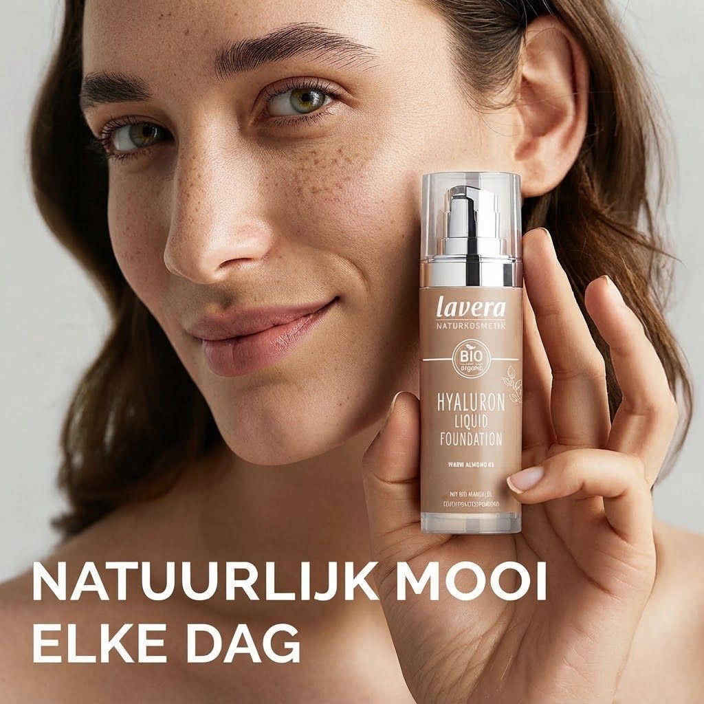 Lavera Hyaluron Liquid Foundation in een pompflacon. Fles met zilver-wit etiket.