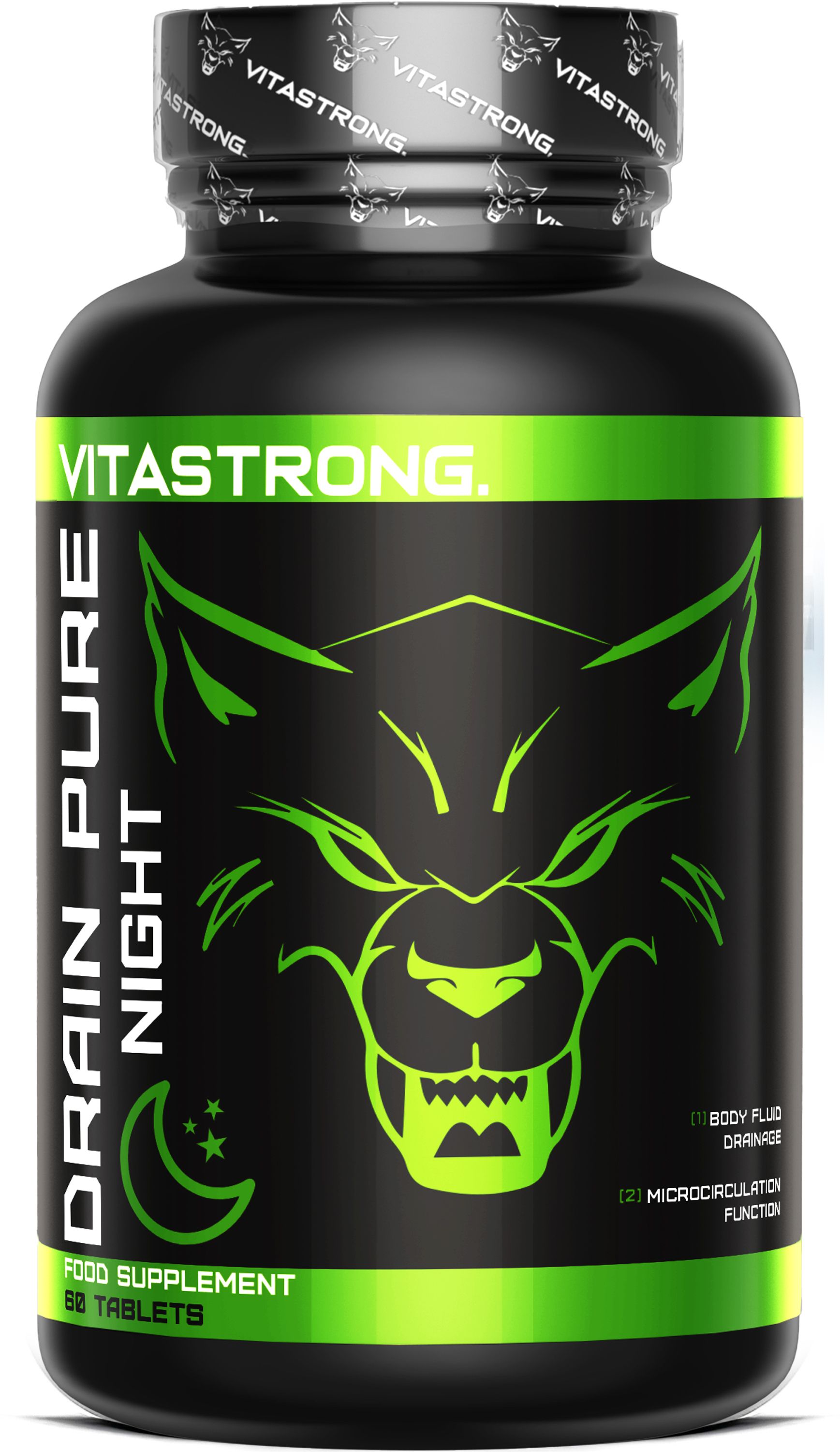 Vitastrong Drainpure Night fles met wolfskop-design en groene accenten.