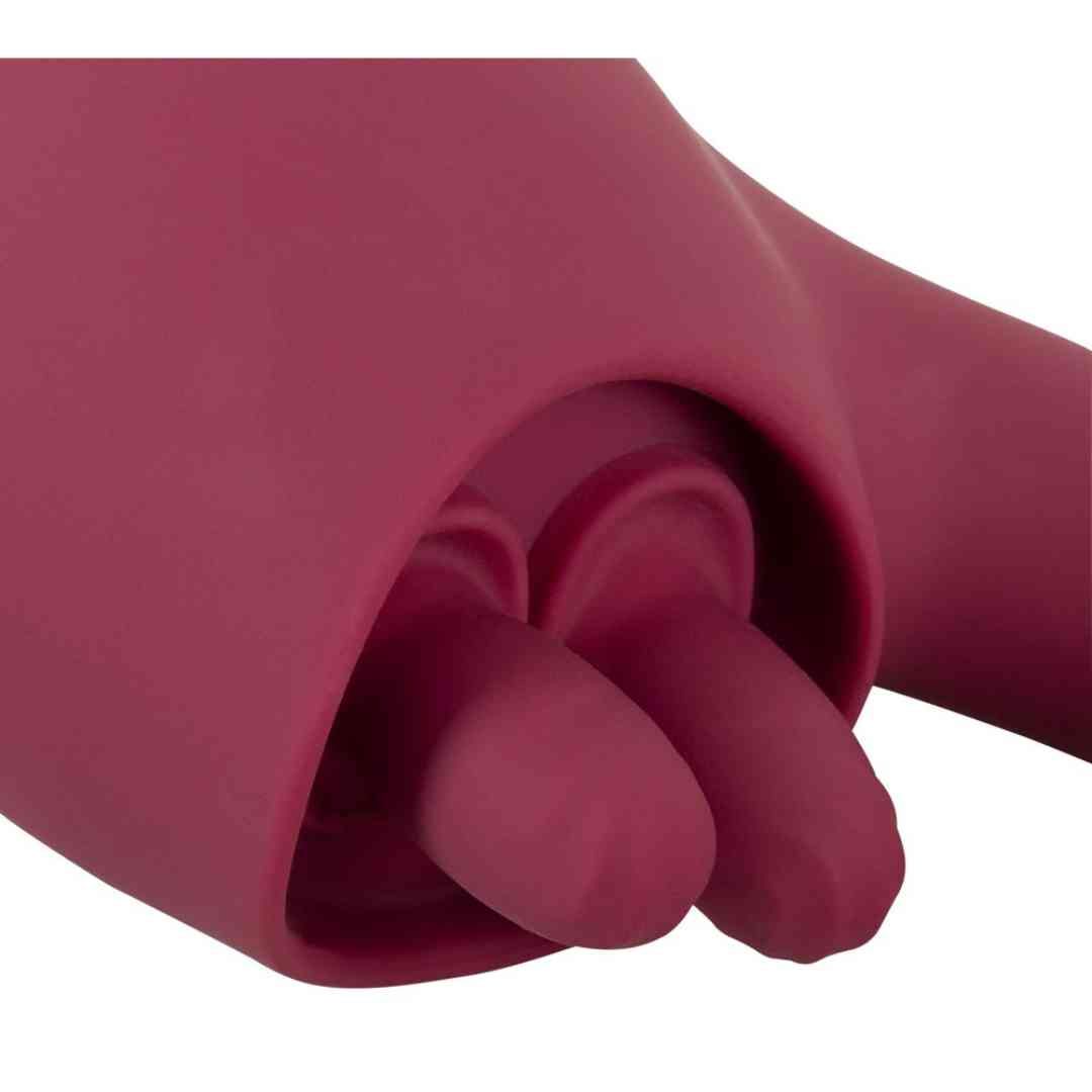 Close-up van de stimulatoren van een paarse vibrator, in een huls en in beweging.