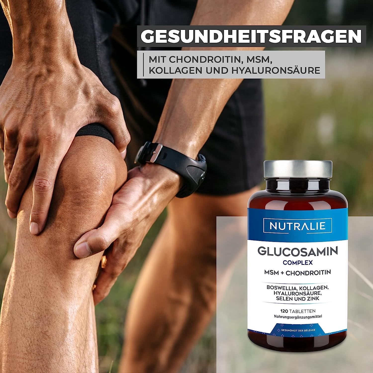 Man met kniepijn naast Nutralie Glucosamine Complex fles.