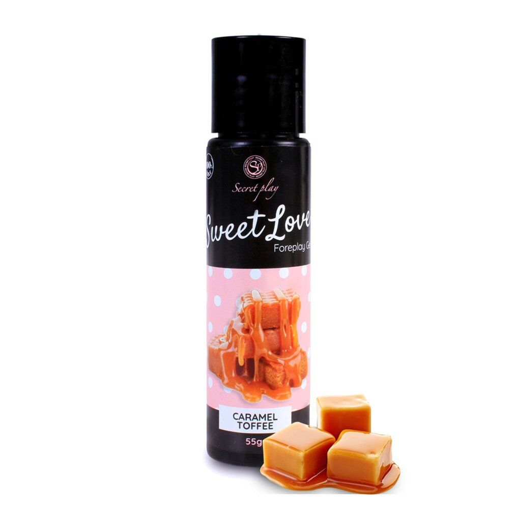 Fles Sweet Love Foreplay Gel Caramel Toffee, 55g, met karamel-toffee stukjes.