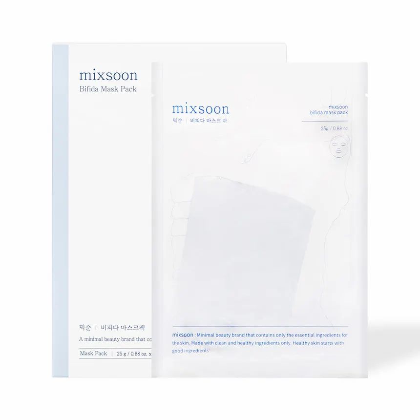 Masker en kartonnen verpakking. De merknaam mixsoon en de productnaam Bifida Mask Pack zijn zichtbaar.