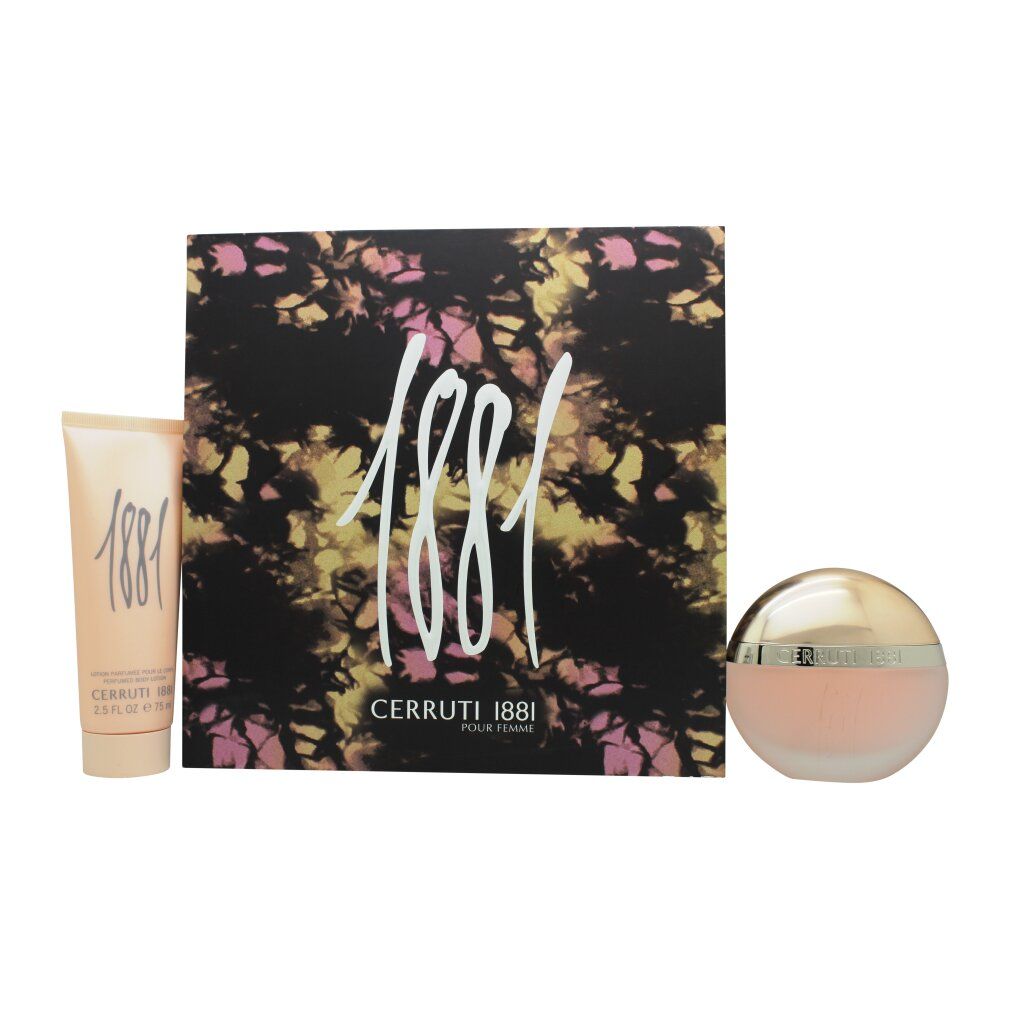 Coffret cadeau avec emballage, flacon et lotion. Emballage à motif floral et inscription 1881. Flacon rond, lotion en tube.